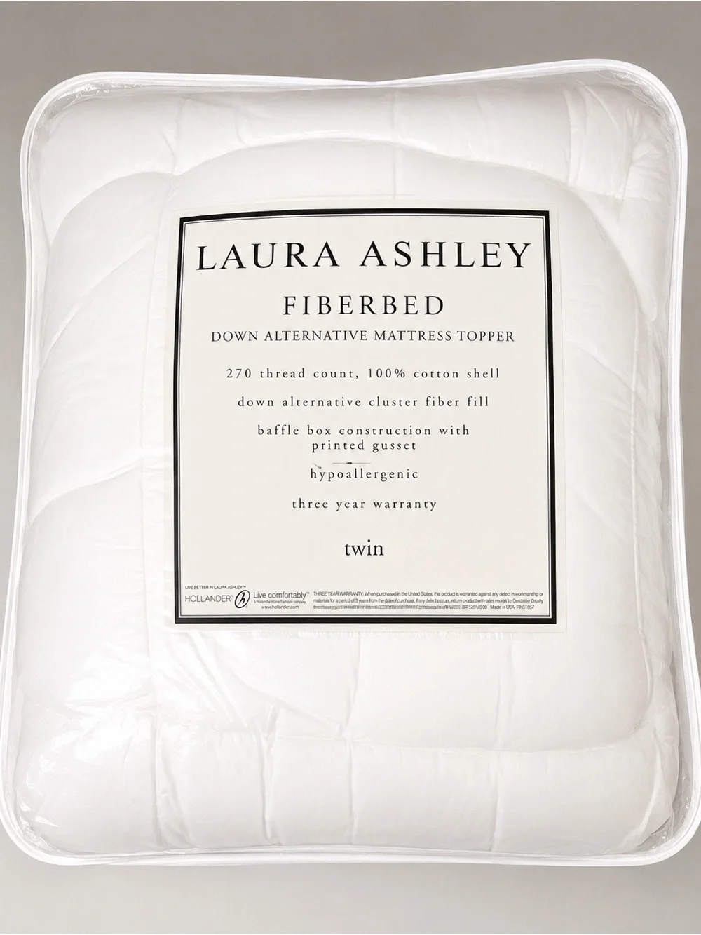 NEW Laura Ashley Twin Fiberbed Mattress Topper – Down Alternative – Sealed